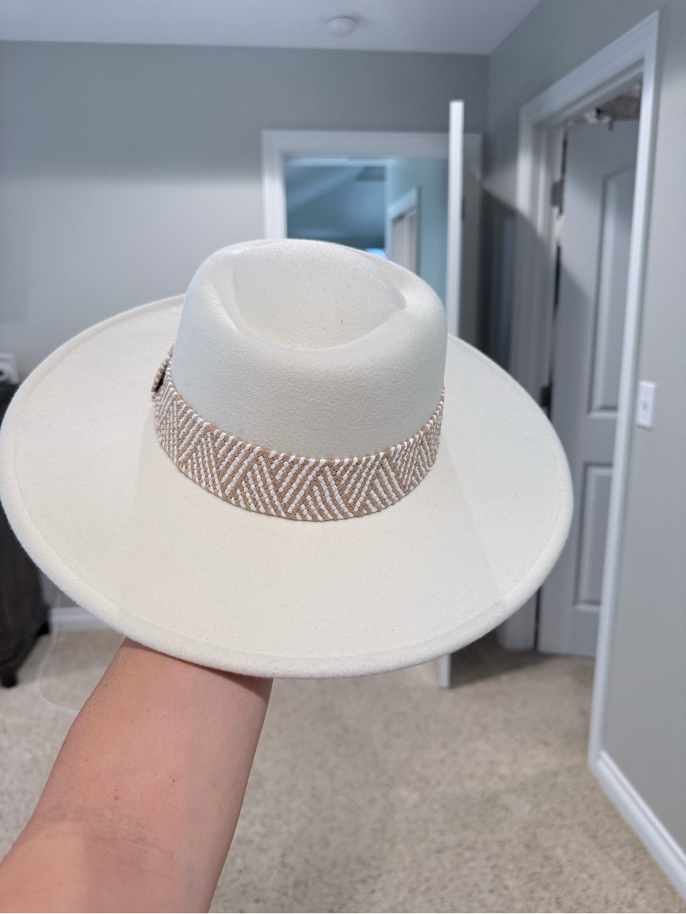Ivory Wide-Brim Fedora Hat with Patterned Band